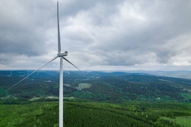 Rüzgâr türbinleri bulutlu bir gökyüzüne karşı yoğun yeşil ağaçlarla çevrili.