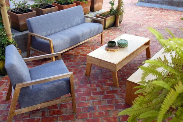 Une Vue Sur Patio Espace Vie Extérieur Avec Canapé Table — Photo