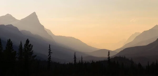 Uma Vista Deslumbrante Das Montanhas Fundo Uma Floresta Nascer Sol — Fotografia de Stock