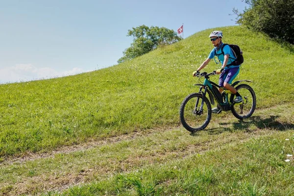 Boy Riding Bicycle Green Field Gill Switzerland Sunny Day — Stock Photo, Image