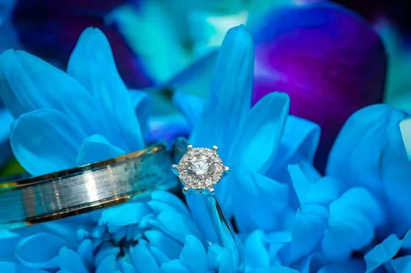 Gros Plan Une Bague Mariée Présentée Sur Des Fleurs Bleues — Photo