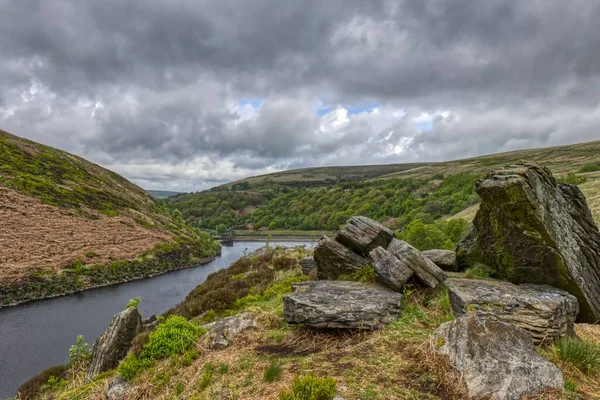 Panoramic View River Stormy Gray Sky — Stock Photo, Image