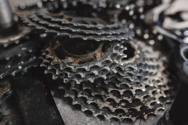 Componentes Usados Para Bicicletas Montanha Anéis Corrente Cassetes Correntes — Fotografia de Stock