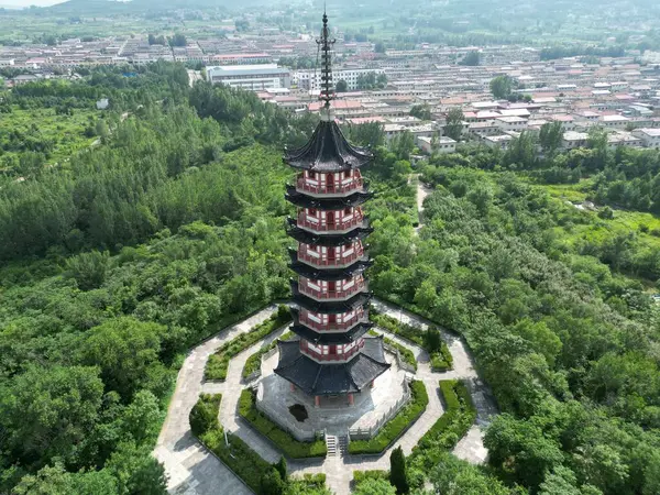 Una Hermosa Vista Aérea Pagoda China Rodeada Por Denso Bosque —  Fotos de Stock