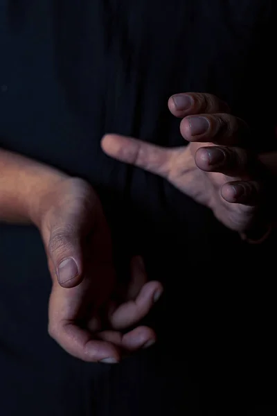 Vertical Close Shot Male Hands Isolated Black Background — Stock Photo, Image