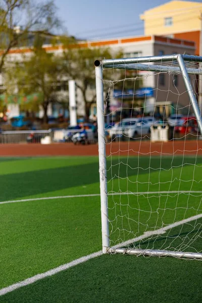 Çin Yeşil Sahası Olan Bir Futbol Golünün Dikey Çekimi — Stok fotoğraf