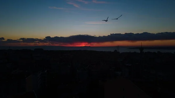 Solnedgång Bakom Molnen Och Flygande Fåglar Över Istanbul Stad — Stockfoto