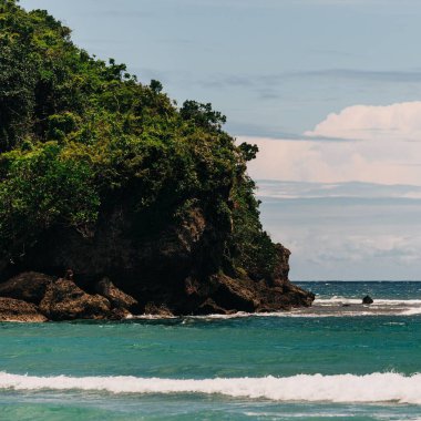 Deniz yeşillikleriyle kaplı kayalık bir uçurum.