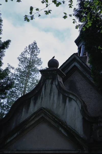 Vertical Closeup Shot Old Mystical Church Low Angle Tree Visible — Stock Photo, Image