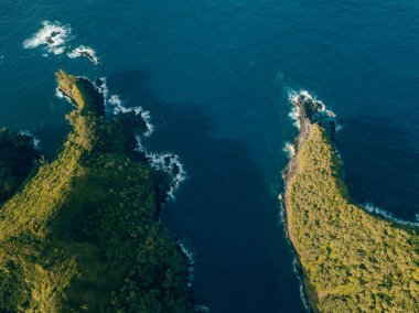 Mavi denize karşı Kuzey Maui 'nin yeşil kıyılarının havadan görünüşü.