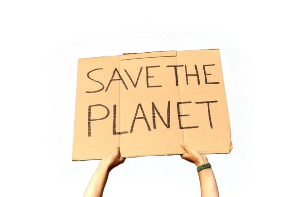 Cardboard Signs Saying Planet Held Two Hands White Background Ready — Stock Photo, Image