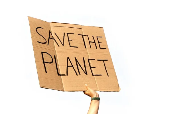 Cartel Cartón Que Dice Salva Planeta Sostenido Por Dos Manos — Foto de Stock