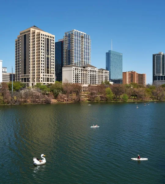 Vertical Boats Town Lake Austin Texas Skyscrapers Spring — Stock Photo, Image