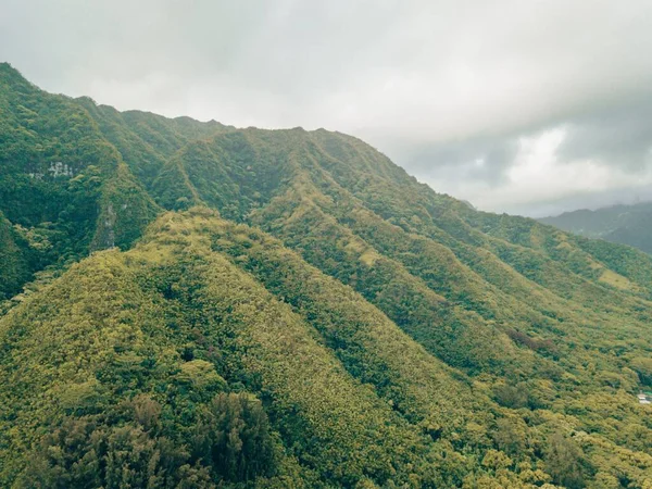 Een Vogelperspectief Van Groene Bergen Van Maui Hawaii Een Bewolkte — Stockfoto