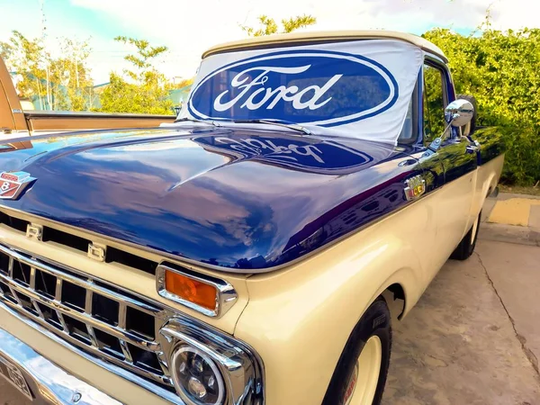 Ford Blauwe Ovale Logo Merk Voorruit Van Een Oude F100 — Stockfoto