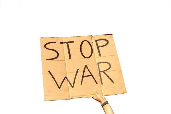 Tekturowe Znaki Mówiące Stop Wojnie Trzymane Ręce Białym Tle Gotowe — Zdjęcie stockowe