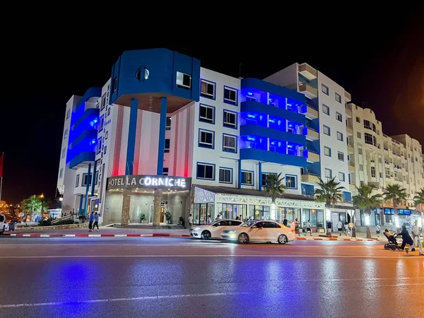 Εξωτερικό Του Ξενοδοχείου Corniche Στο Fnideq Νύχτα — Φωτογραφία Αρχείου