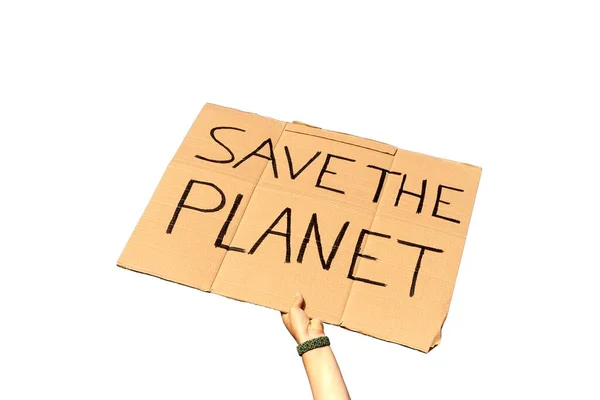 Cartel Cartón Que Dice Planet Sostenido Por Dos Manos Sobre — Foto de Stock