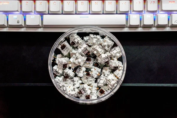 Top View Mechanical Keyboard Switches Piled Transparent Jar — Stock Photo, Image