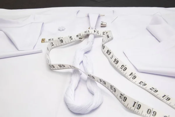 Measuring Tape Laying White Fabric Next Sewing Equipment — Stock Photo, Image