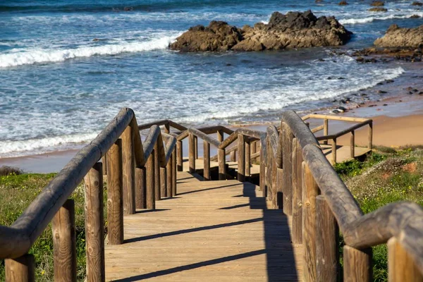 Houten Trap Naar Het Algarve Strand Portugal — Stockfoto