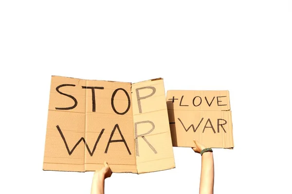 Dois Sinais Papelão Dizendo Mais Amor Menos Guerra Stop War — Fotografia de Stock