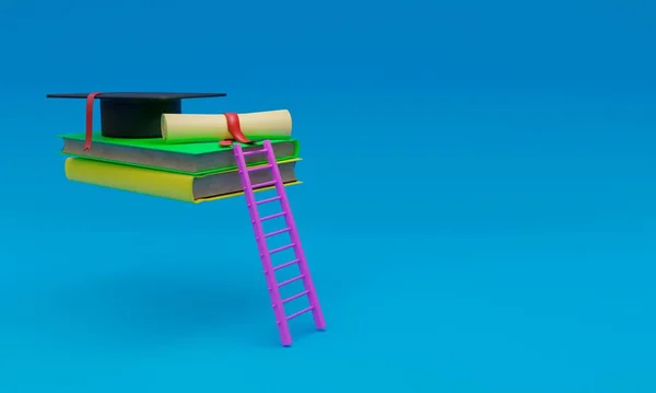 Illustration Cap Diploma Books Ladder Blue Background — Stock Photo, Image