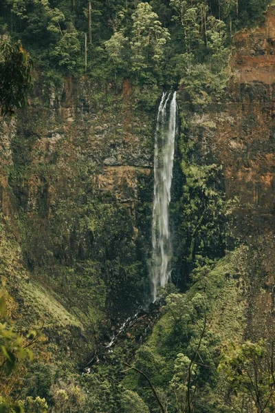 Vertikální Záběr Tekoucího Vodopádu Padajícího Skal Obklopených Stromy — Stock fotografie