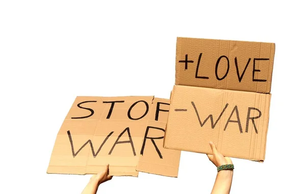 Dois Sinais Papelão Dizendo Mais Amor Menos Guerra Stop War — Fotografia de Stock