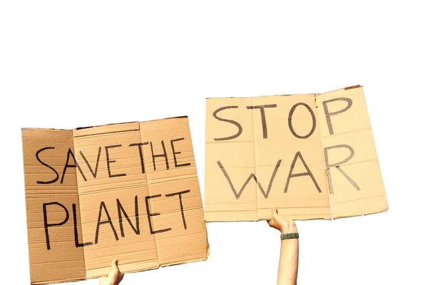 Dwa Kartonowe Znaki Mówiące Uratuj Planetę Powstrzymaj Wojnę Trzymane Ręce — Zdjęcie stockowe