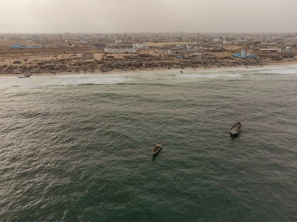 Aerial Seascape Two Anchored Fishing Boats Foreground Fishing Port Nouakchott — Stock Photo, Image