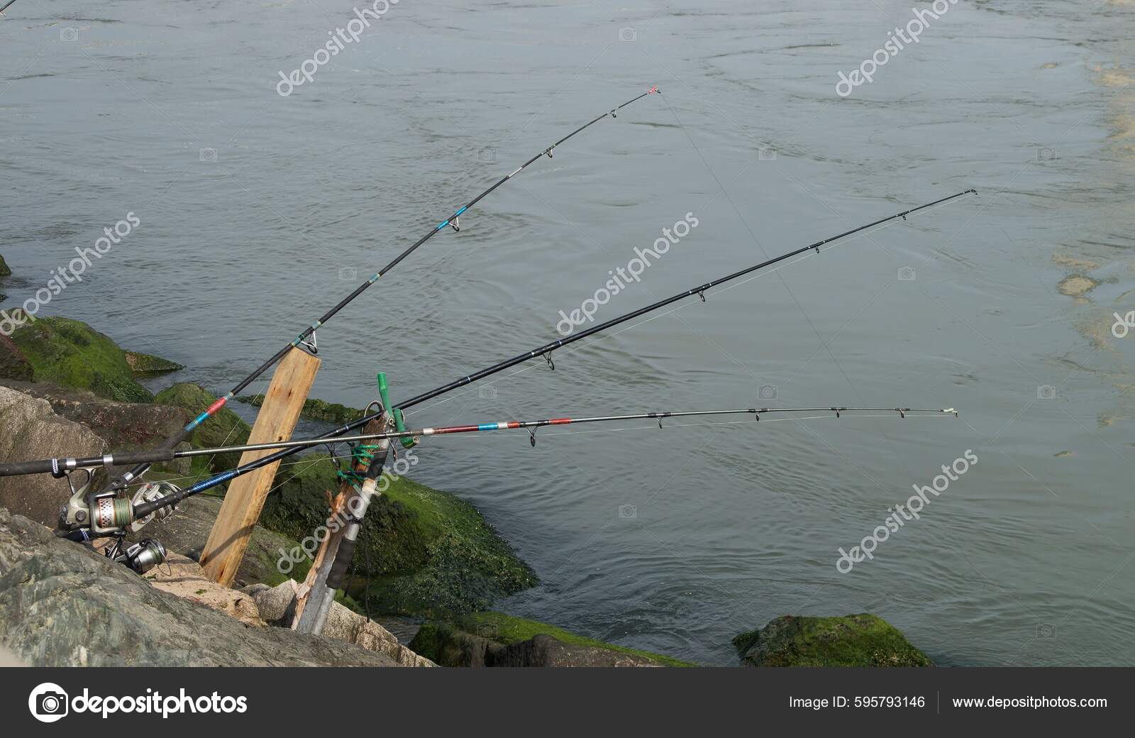 Closeup Shot Three Fishing Rods Set Ready Catch Fish — Stock Photo