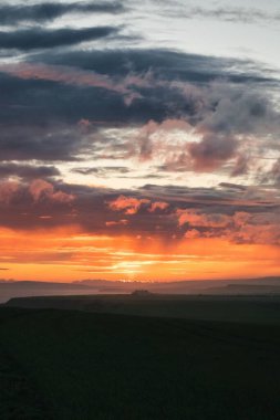 Arka planda günbatımı olan çimlerle kaplı bir arazinin dikey görüntüsü.