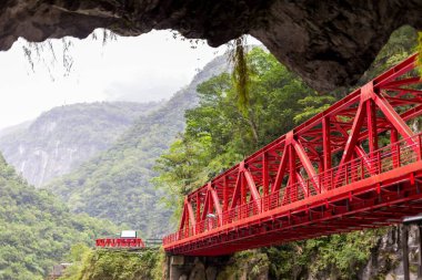 Tayvan 'daki yeşil bir dağda kırmızı metalik bir köprünün alçak açılı görüntüsü.