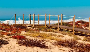 Gün ışığında sahildeki ahşap rıhtım manzarası.