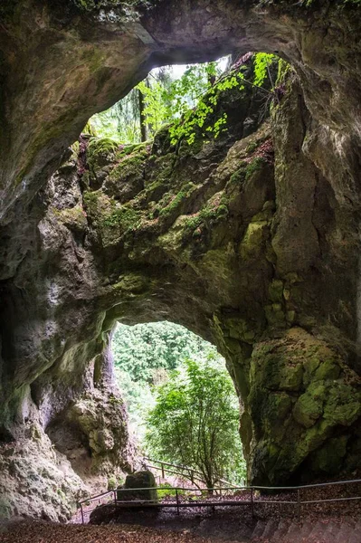 Caverna Natural Com Uma Escadaria Interior Uma Bela Vista Floresta — Fotografia de Stock