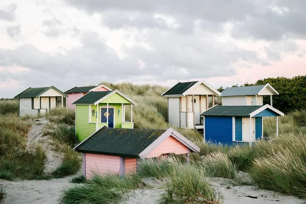 Színes Strand Kunyhók Skanor Strand Falsterbo Skane Svédország — Stock Fotó