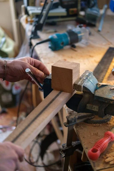 Selective Hands Working Carpenter Workshop — Stock Photo, Image