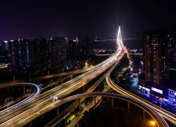 Long Exposure Overpass Modern City Night — Stock Photo, Image