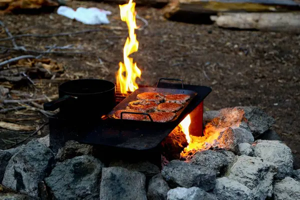 Νόστιμες Κοτολέτες Κρέατος Ψημένες Ένα Δίσκο Από Χυτοσίδηρο Μια Φωτιά — Φωτογραφία Αρχείου