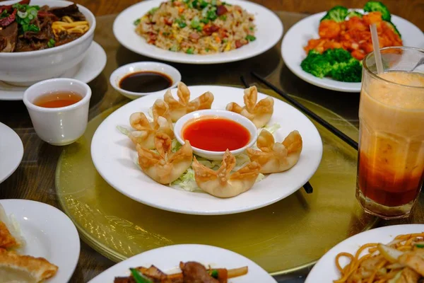 Selective Focus Shot Table Full Chinese Food Different Plates — Stock Photo, Image