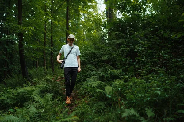 Ein Männlicher Wanderer Einem Dichten Grünen Wald — Stockfoto