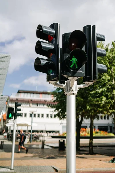 A traffic light with a green pedestrian light