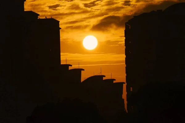Siluett Byggnader Vid Solnedgången — Stockfoto