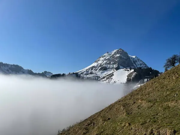 Ett Snötäckt Berg Omgivet Dimma Som Syns Bakom Grön Kulle — Stockfoto