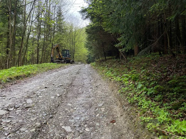 Uma Escavadora Longo Caminho Que Limpa Floresta Para Novo Desenvolvimento — Fotografia de Stock