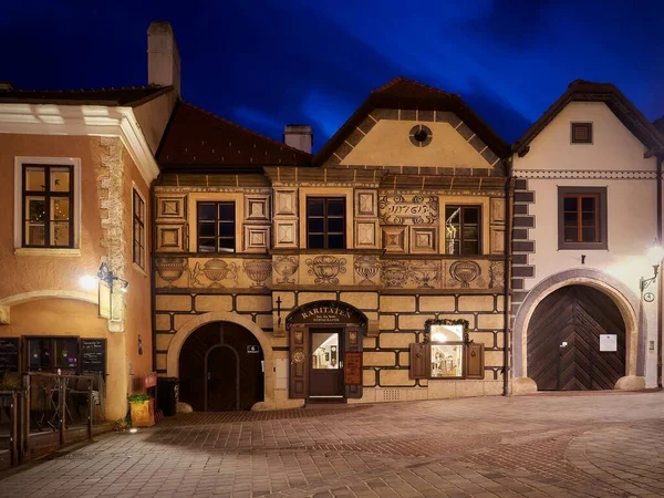 Row Beautiful Small Houses Decorated Walls Windows Arched Doors Night — Stock Photo, Image