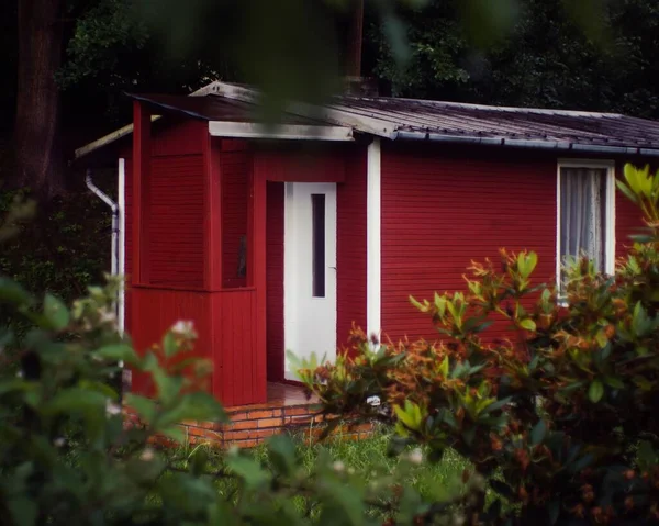 Une Maison Bois Rouge Dans Jardin Verdoyant — Photo