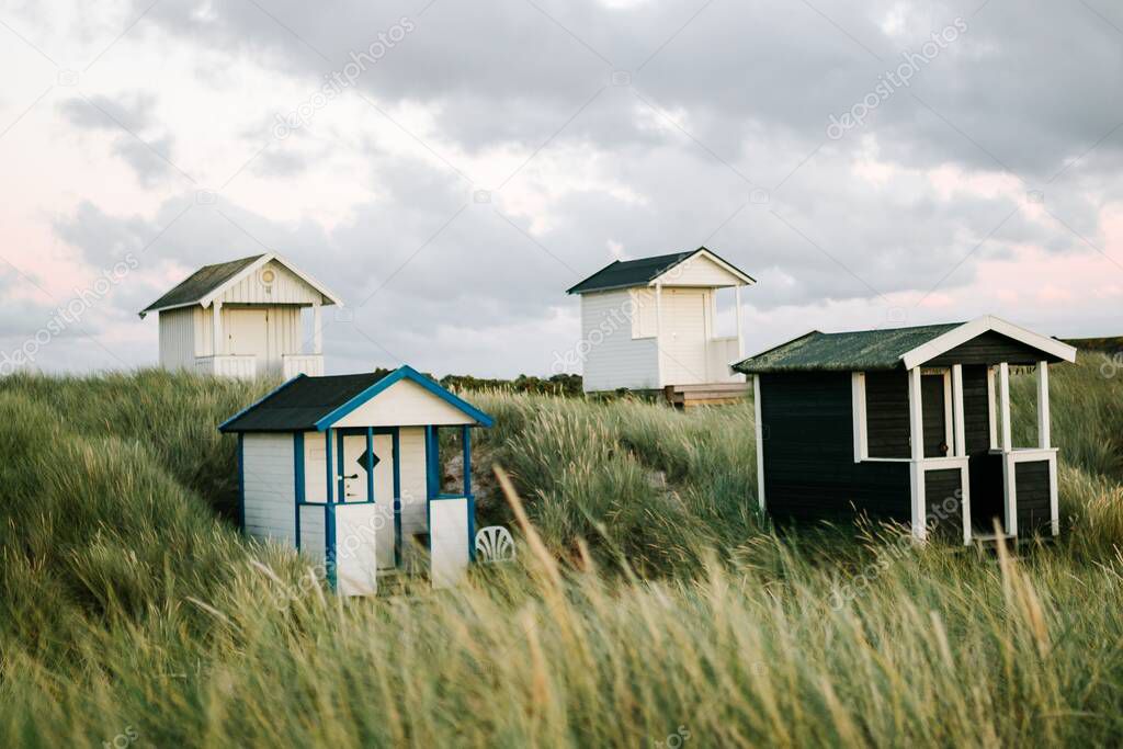 The colorful beach huts on Skanor beach in Falsterbo, Skane, Sweden