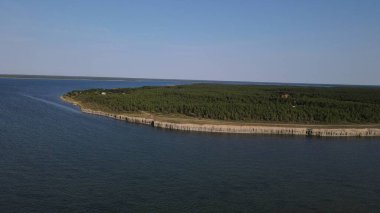Yeşil ormanı ve yolu olan bir kıyı şeridi manzarası